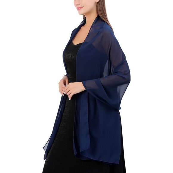 Women Navy Blue Elegant Soft Sheer Chiffon Stole Bride Wedding Shawls and Wraps - Picture 2 of 7